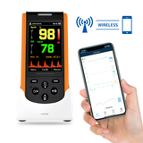 SP-20 RECHARGEABLE PULSE OXIMETER WITH ALARMS IN CHARGER BASE AND MOBILE PHONE SHOWING VI-HEALTH APP