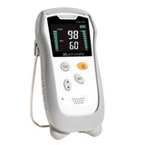 HS10A handheld pulse oximeter with a grey silicon cover featuring a digital display screen showing 98% SpO2 and 60 bpm pulse rate measurements