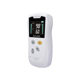 HS10A handheld pulse oximeter featuring a digital display screen showing 98% SpO2 and 60 bpm pulse rate measurements