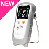 NEW HS10A handheld pulse oximeter with a grey silicon cover featuring a digital display screen showing 98% SpO2 and 60 bpm pulse rate measurements