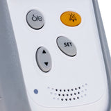 Close-up of a HS10A handheld pulse oximeter showing the control panel with four buttons: one grey ON/OFF button, one grey UP/DOWN ARROW button, one grey SET button, and one orange alarm silence button with a cross through the bell icon.