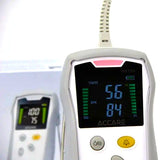 HS10A handheld pulse oximeter with a grey silicon cover featuring a digital display screen showing 56% SpO2 and 84 bpm pulse rate measurements along with the illuminated red warning light