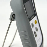 HS10A handheld pulse oximeter with a grey silicon cover showing the flip out stand