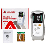 HS10A handheld pulse oximeter with a grey silicon cover featuring a digital display screen showing 98% SpO2 and 60 bpm pulse rate measurements along with the packing box, operator's manual and 3 AA batteries
