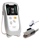 HS10A handheld pulse oximeter with a grey silicon cover featuring a digital display screen showing 98% SpO2 and 60 bpm pulse rate measurements along with adult finger clip and ear clip sensors