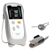 HS10A handheld pulse oximeter with a grey silicon cover featuring a digital display screen showing 98% SpO2 and 60 bpm pulse rate measurements along with an adult finger clip sensor and a neonate wrap sensor