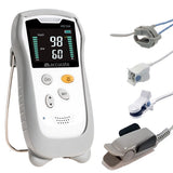 HS10A handheld pulse oximeter with a grey silicon cover featuring a digital display screen showing 98% SpO2 and 60 bpm pulse rate measurements along with adult and paediatric finger clip and ear clip sensors and a neonate wrap sensor