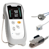 HS10A handheld pulse oximeter with a grey silicon cover featuring a digital display screen showing 98% SpO2 and 60 bpm pulse rate measurements along with adult and paediatric finger clip sensors and a neonate wrap sensor
