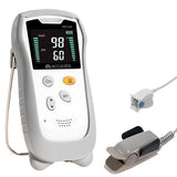 HS10A handheld pulse oximeter with a grey silicon cover featuring a digital display screen showing 98% SpO2 and 60 bpm pulse rate measurements along with adult and paediatric finger clip sensors
