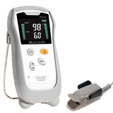 HS10A handheld pulse oximeter with a grey silicon cover featuring a digital display screen showing 98% SpO2 and 60 bpm pulse rate measurements along with an adult finger clip sensor