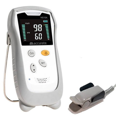 HS10A handheld pulse oximeter with a grey silicon cover featuring a digital display screen showing 98% SpO2 and 60 bpm pulse rate measurements along with an adult finger clip sensor