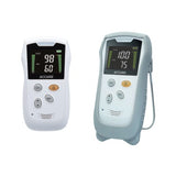 Two HS10A handheld pulse oximeters, one with a grey silicon cover showing the flip out stand and the other without the cover
