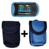 MD300 C29 ChoiceMMed Fingertip Pulse Oximeter showing waveform display with black & blue pouches