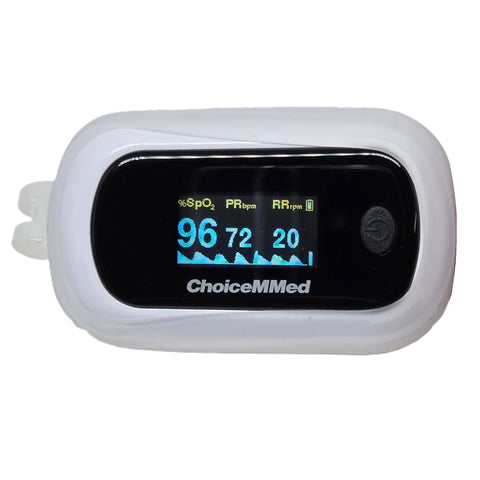 MD300 CN350R Fingertip Pulse Oximeter with Respiration Rate and Clear Silicon Cover showing RR measurement